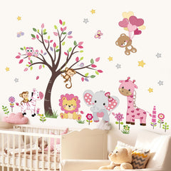 decalmile pink animal tree wall decal monkey play motif inspires imaginative play and learning.