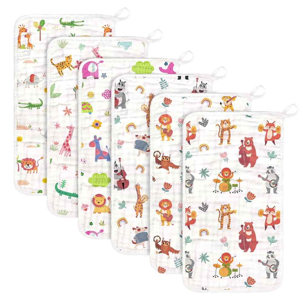 Decalsweet baby burp cloths 6-pack flatlay showing soft muslin fabric for gentle care.