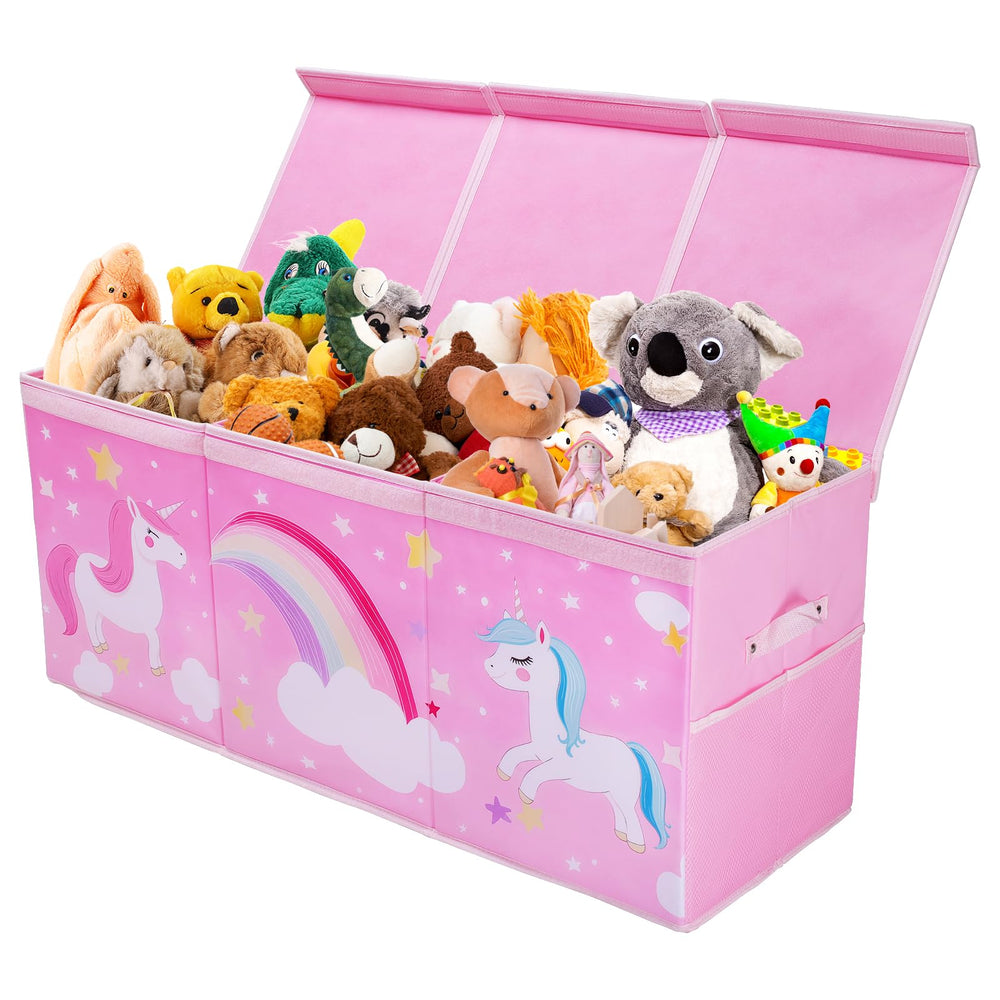 Decalsweet Unicorn toy box lid-open shows dust-proof flip lid for quick toy access.