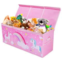Decalsweet Unicorn toy box lid-open shows dust-proof flip lid for quick toy access.