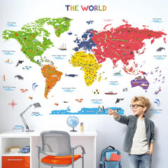 DECOWALL DL3-2212 world map wall sticker center highlights a bold focal point for classrooms