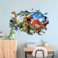 Decvictor 3D dinosaur wall decal breaks through the wall for cinematic impact.