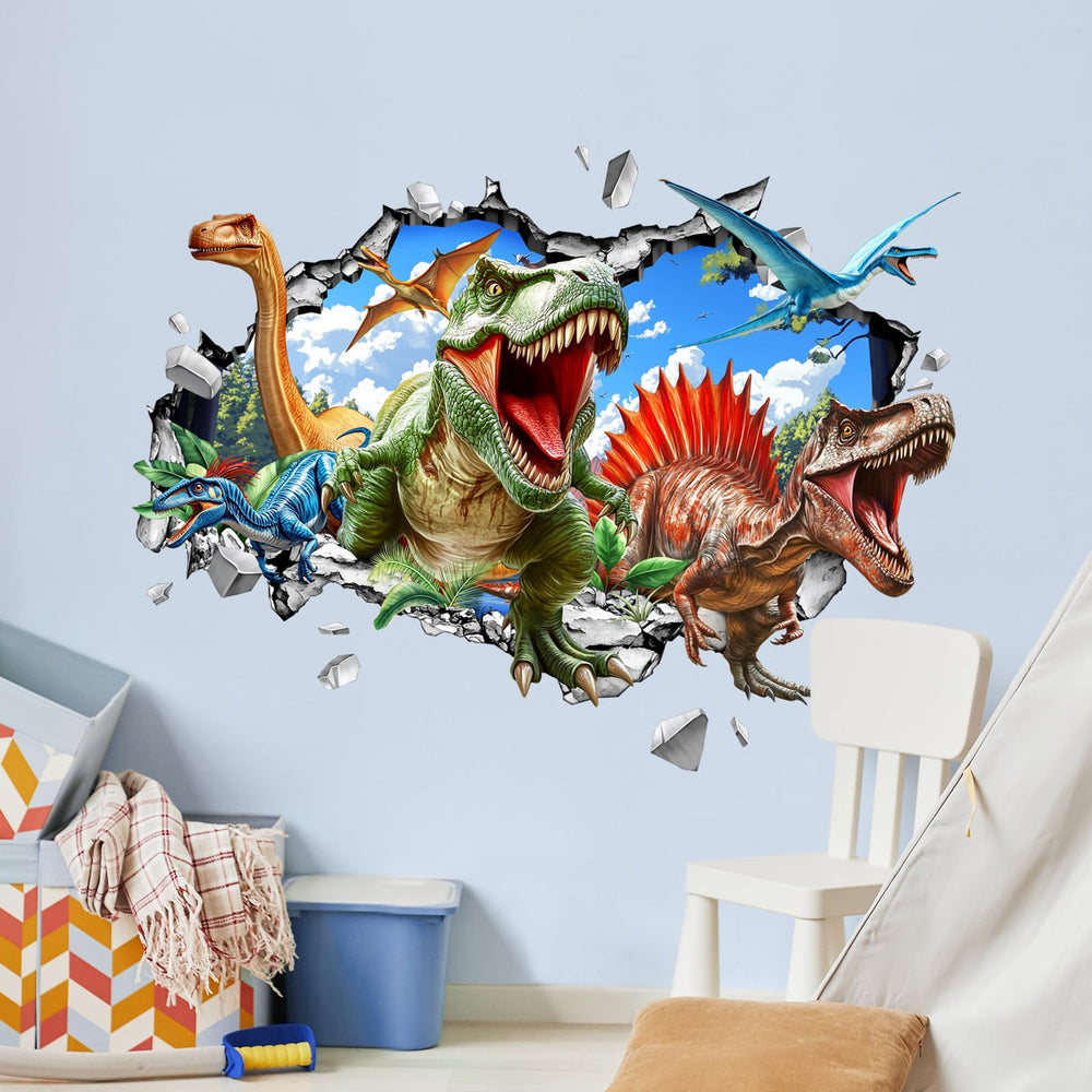 Decvictor 3D Dinosaur Wall Decal with T-Rex and Spinosaurus for dramatic kids room scenes.