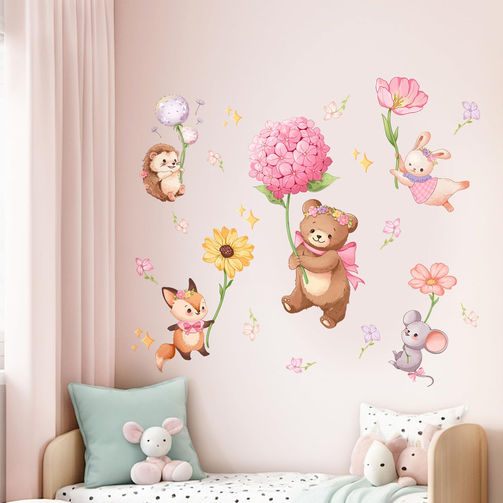Decvictor pink cartoon animal wall decals group scene to boost nursery charm