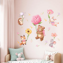Decvictor pink cartoon animal wall decals group scene to boost nursery charm