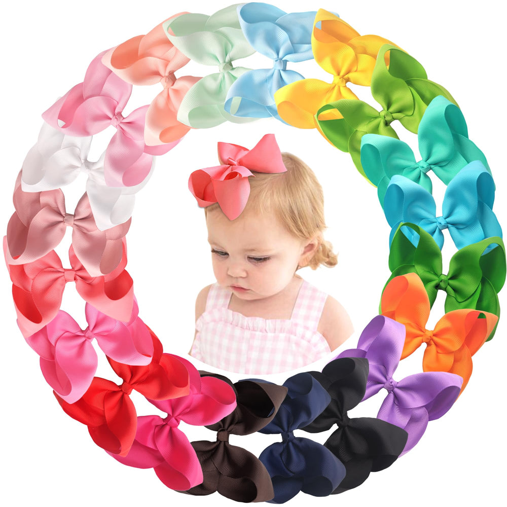DED 20pcs large 6in hair bows in vibrant colors with secure alligator clips.