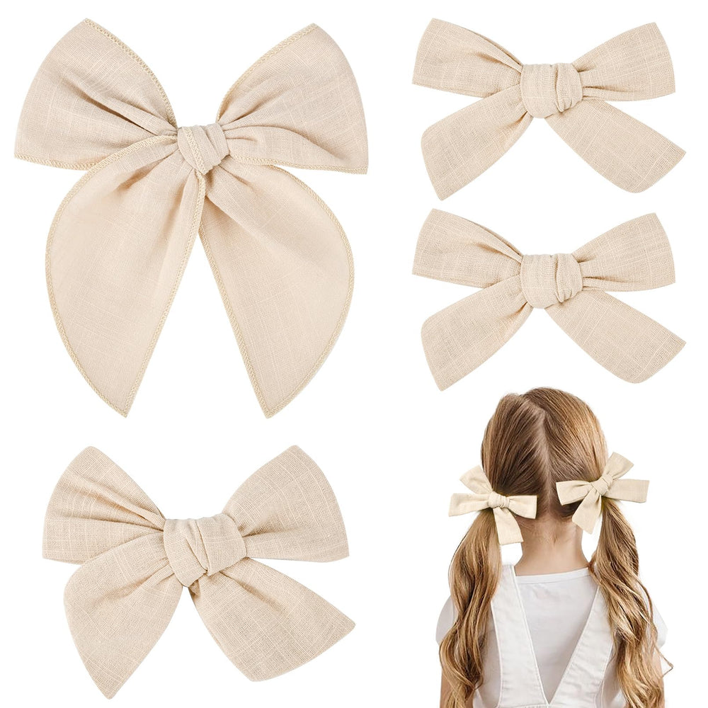 DEEKA beige cotton-linen hair bows 4pcs for versatile toddler styling