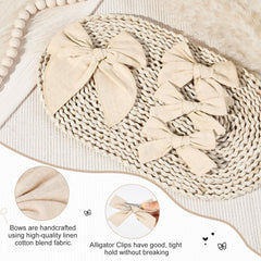 DEEKA beige cotton-linen hair bow with alligator clip close-up for secure grip