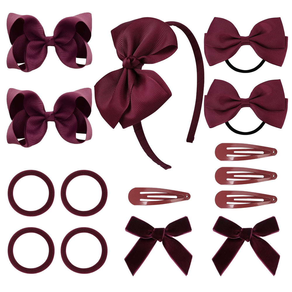 DEEKA burgundy uniform hair accessories 15-piece set laid out for versatile school-day hairstyles