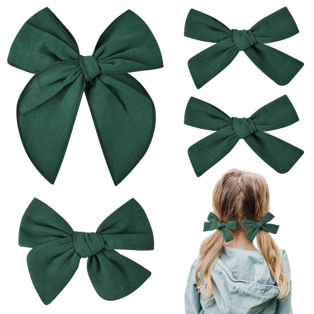 DEEKA dark green cotton linen hair bows in 5-inch size with clip for easy styling.