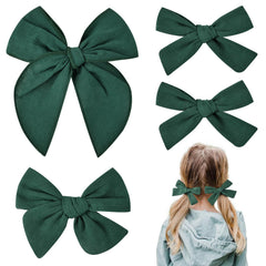 DEEKA dark green cotton linen hair bows in 5-inch size with clip for easy styling.