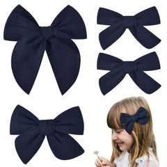 DEEKA navy blue cotton-linen hair bows 4-piece set with clips for versatile everyday styling