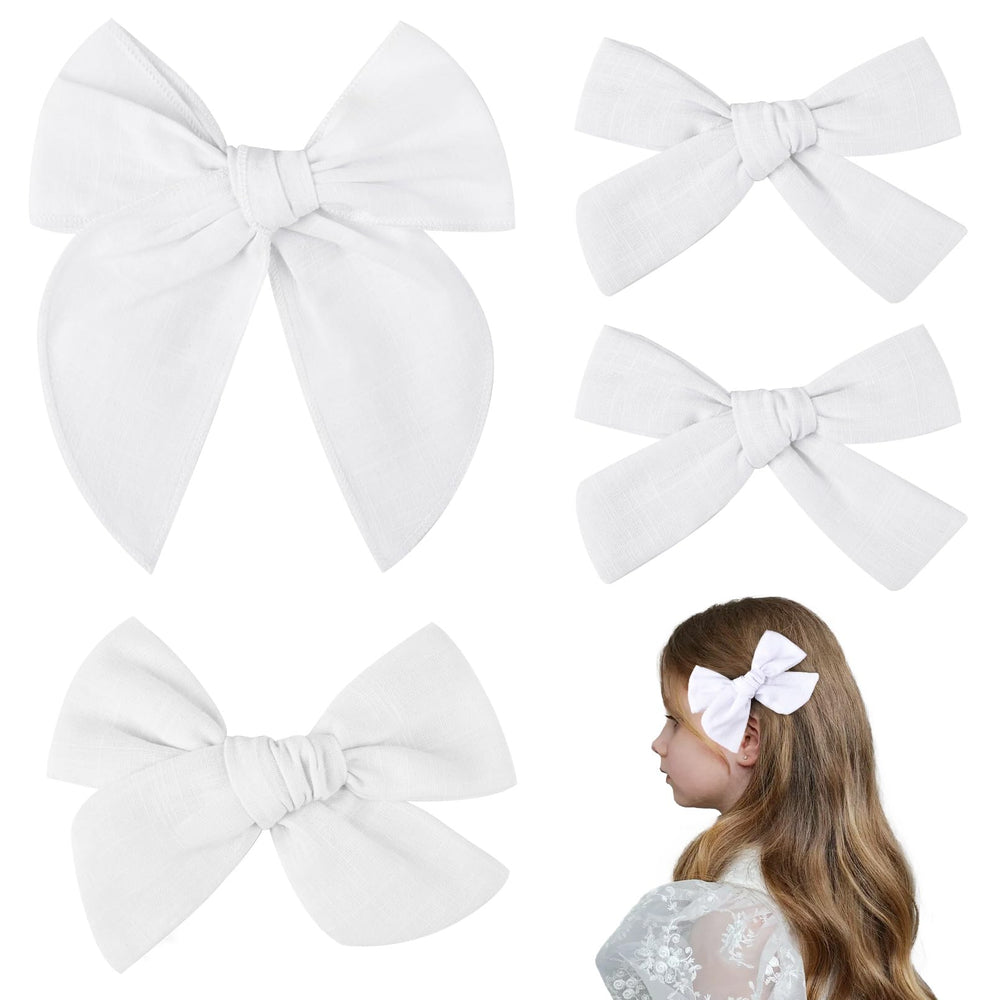 DEEKA white cotton-linen bow 4in knot close-up; lightweight, skin-friendly fabric