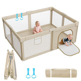 Deeteck foldable baby playpen setup demonstrates quick setup for easy travel and quick containment.