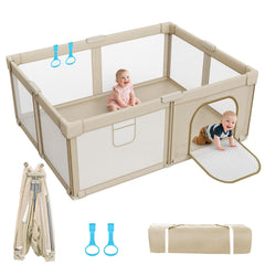 Deeteck foldable baby playpen setup demonstrates quick setup for easy travel and quick containment.