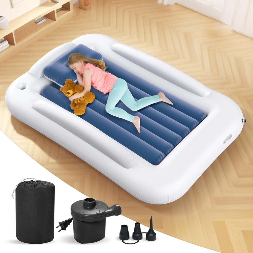 Deeteck inflatable toddler travel bed 60-inch fully inflated for comfortable sleep on the go.