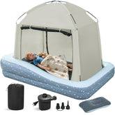 Deeteck inflatable toddler travel bed with pump for quick setup.