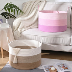 Degeyoyo blanket basket soft pink cotton rope texture enhances cozy nursery decor.