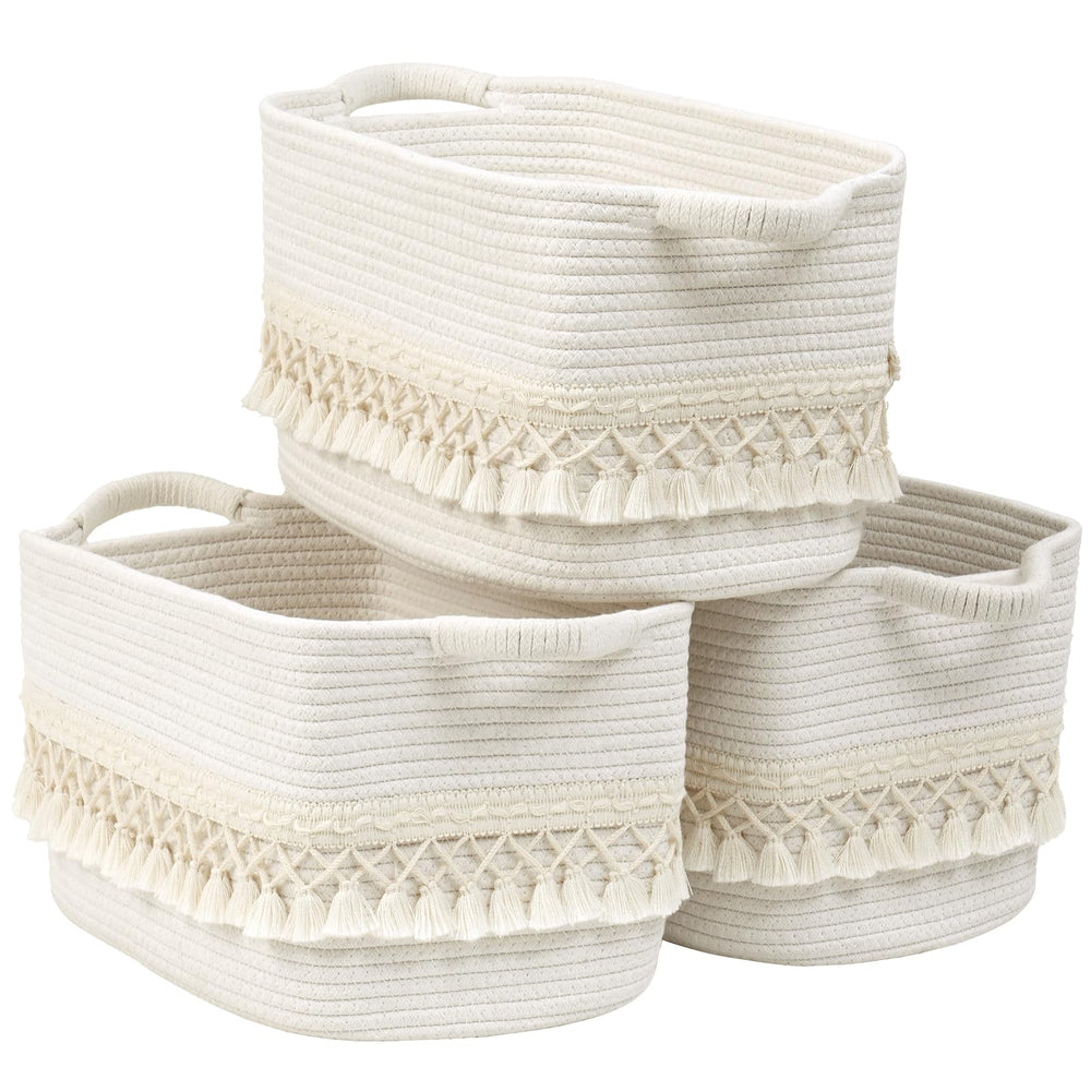 Degeyoyo boho storage basket with tassel on a shelf for chic organization.