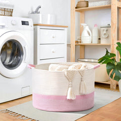 Degeyoyo cotton rope basket shows soft material ideal for safe family storage.
