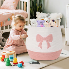 Degeyoyo pink laundry basket diameter view highlights spacious 55-liter capacity for bulky items.