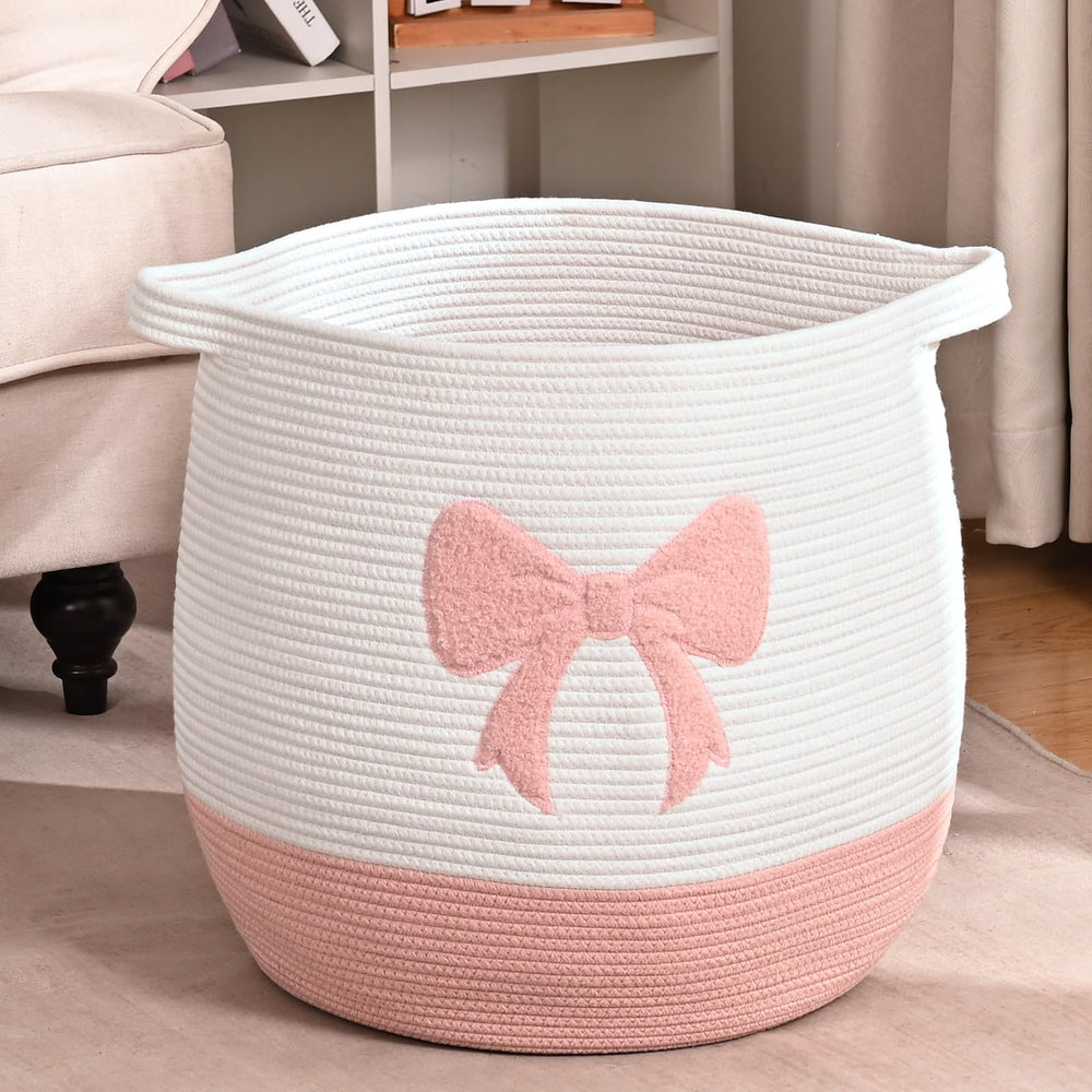 Degeyoyo pink laundry basket front view demonstrating ample storage for blankets and toys.