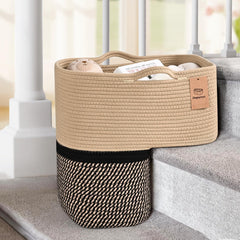 Degeyoyo woven stair basket front view, ideal for neatly storing toys on stairs.
