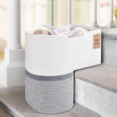 Degeyoyo woven stair basket in full view on stairs showing large-capacity storage
