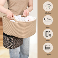 Degeyoyo woven stair basket on carpeted stairs keeps steps clutter-free.