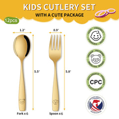 DEHOV Gold toddler utensils set spoons showcase kid-sized design for independent meals.