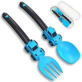 Deinyi construction toddler utensils blue spoon designed for easy grip and independent eating.