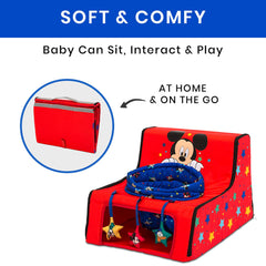 Delta Children Disney Mickey Sit N Play seat side view showing portable fold-and-go design.