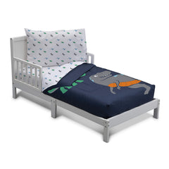 Delta Children Jurassic dinosaur bedding set featuring a playful theme for kid-friendly sleep space.