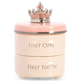 DEMDACO first tooth and curl pink ceramic keepsake box lid crown with pink jewels for treasured memories.