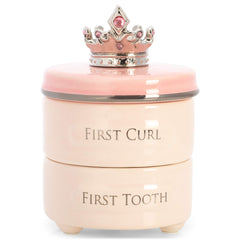 DEMDACO first tooth and curl pink ceramic keepsake box lid crown with pink jewels for treasured memories.