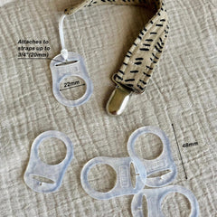 Demearly 5-pack clear pacifier adapter rings arranged for easy on-the-go replacements.
