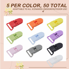 Demearly pacifier clip ends with attachment options for ribbons and fabric straps.