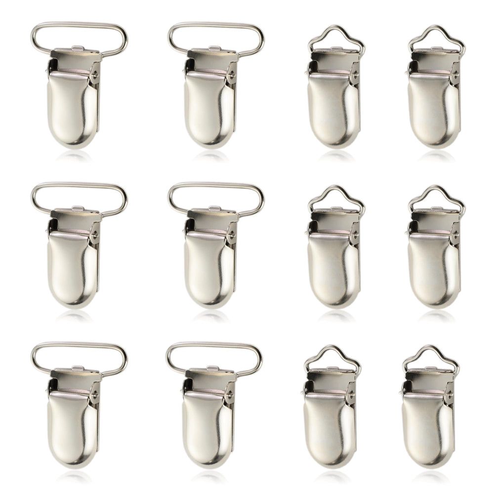 Demearly pacifier clip metal fasteners closeup showing secure grip on fabrics