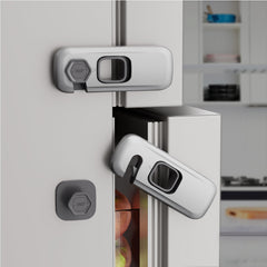 DENENTT 5-pack cabinet locks packaging demonstrates versatile safety for cabinets and appliances.