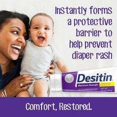 Desitin diaper rash ointment application on baby skin shows soothing a tender area.