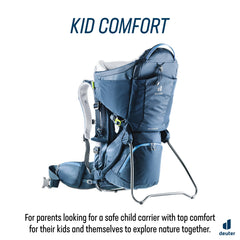 Deuter Kid Comfort Midnight back view highlights breathable mesh back system for comfort on long trails