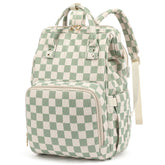 Dezcrab corduroy checkered green diaper backpack front view showing accessible storage.