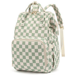 Dezcrab corduroy checkered green diaper backpack front view showing accessible storage.