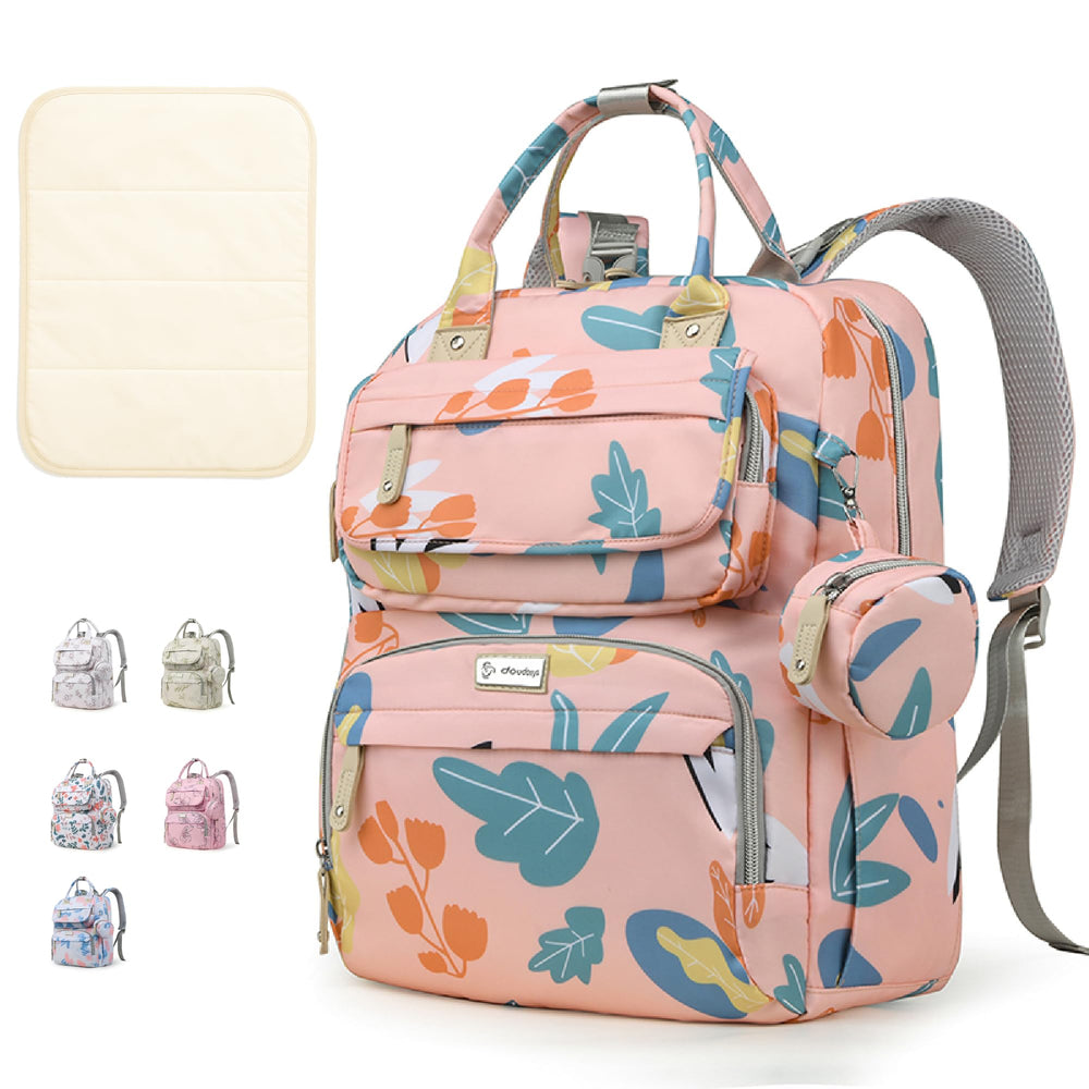 Diaper Bag Backpack blush-pink exterior shows durable waterproof fabric for everyday adventures.