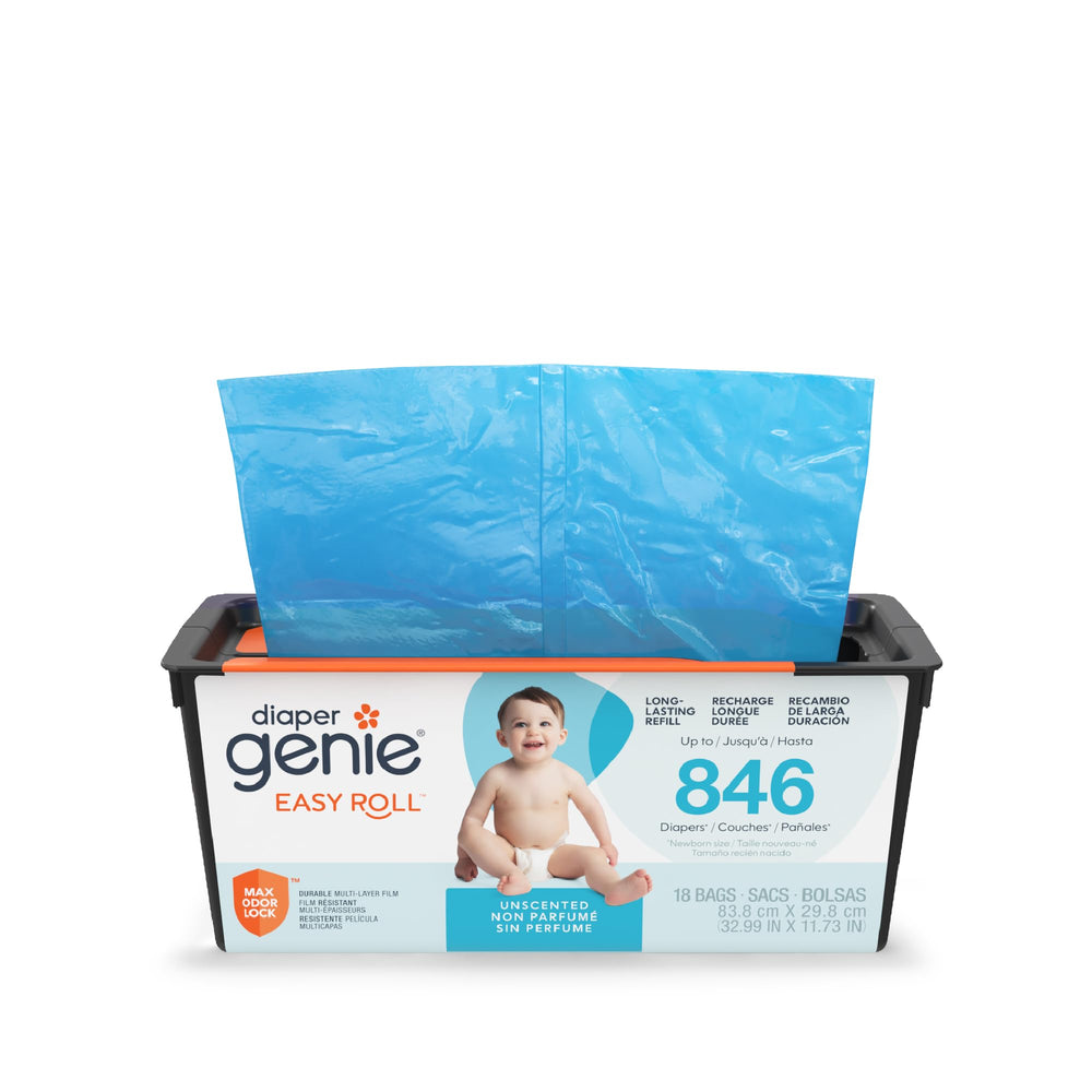 Diaper Genie Easy Roll refill showing 18 bags for long-lasting diaper disposal.