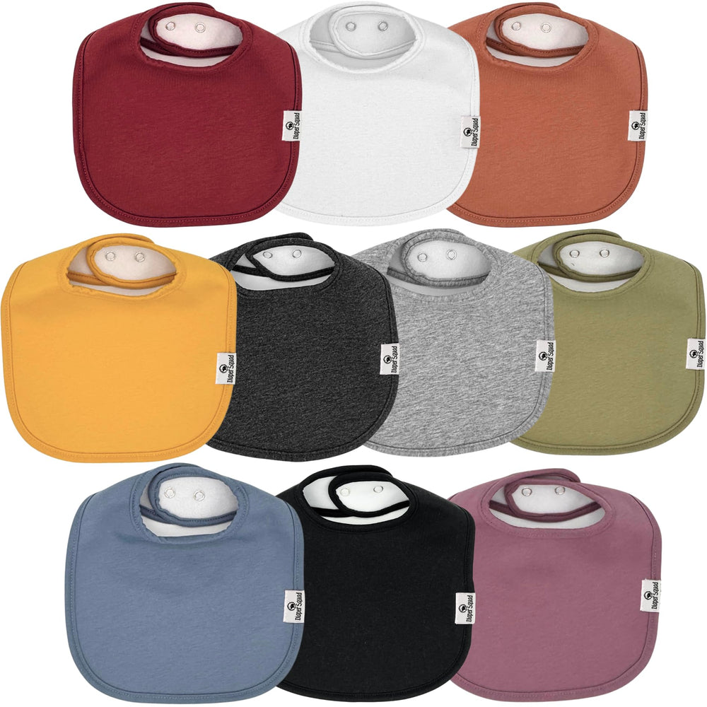 Diaper Squad 10-pack bibs show soft cotton for drool absorption and outfit protection.
