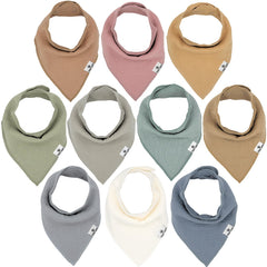 Diaper Squad 10-pack bibs with drool and teething focus in muted colors.