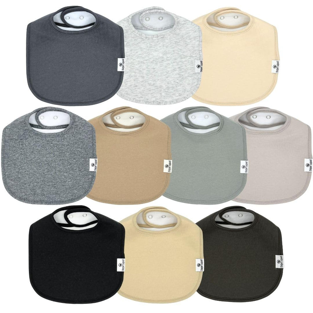 Diaper Squad 10-pack baby bibs on drying line show quick-dry, absorbent performance