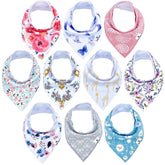 Diaper Squad 10-pack bibs flatlay with assorted designs for easy outfit matching.