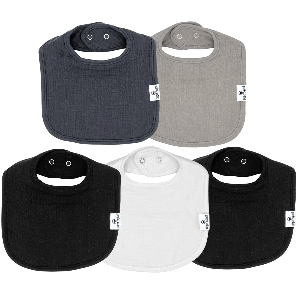 Diaper Squad 5-pack baby bibs designs showcase versatile styles for daily outfits and drool protection.